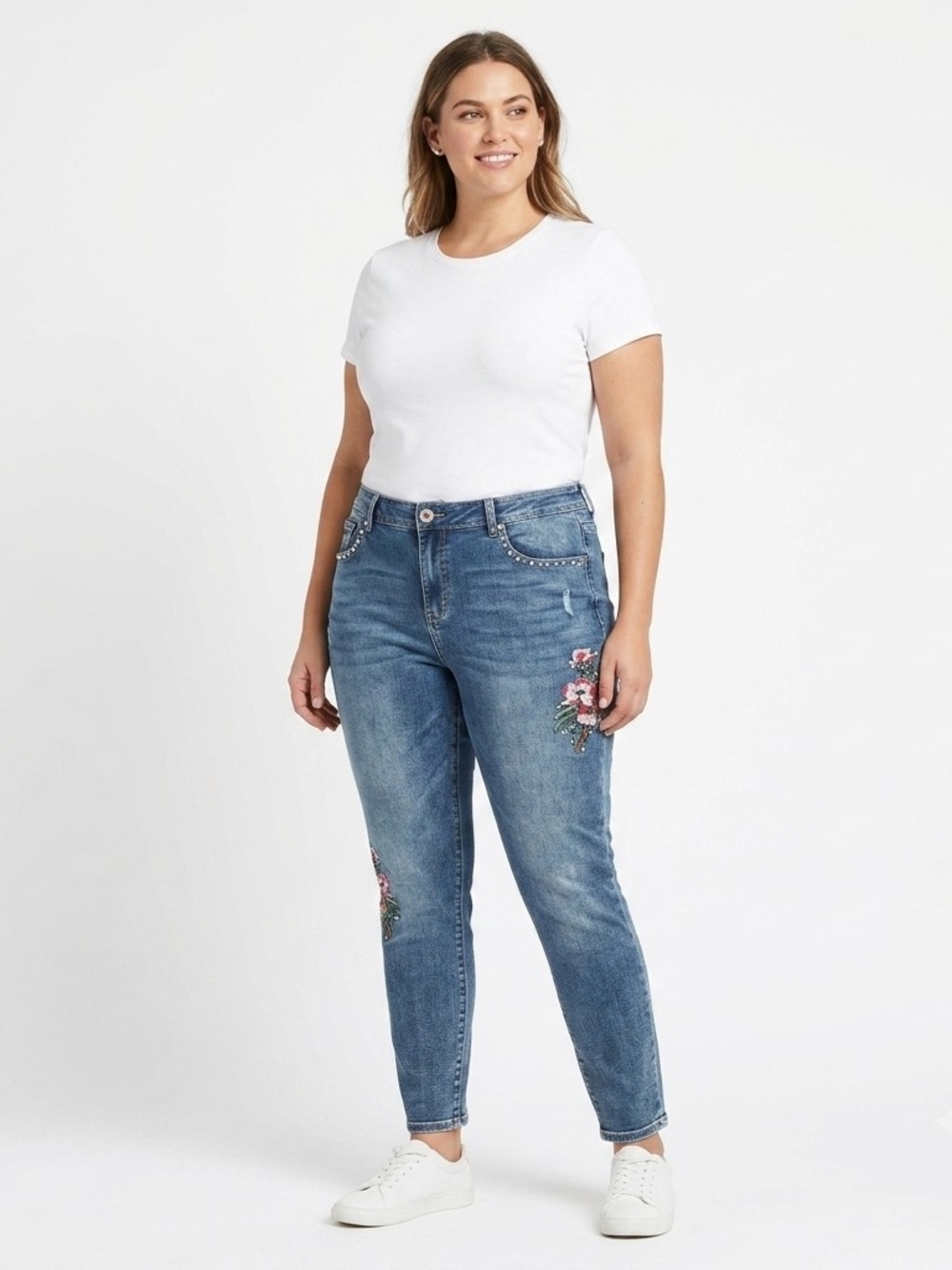 Hydraulic Embroidered Jeans Size 16 Acid Wash Pearl Stud Floral